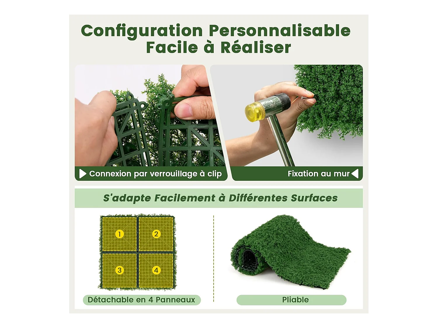 12 Panneaux Muraux en Gazon Artificiel 50,5 x 50,5 cm, Panneaux de Mousse Vert Foncé Synthétique Toile de Fond Murale, Haie d'Intimité pour Jardin