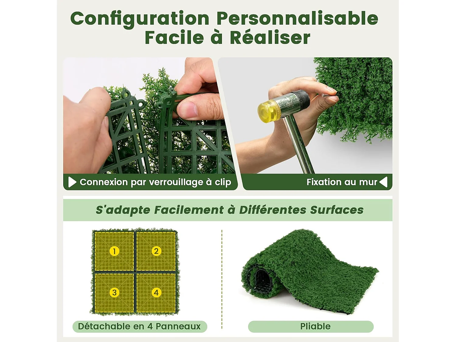 12 Panneaux Muraux en Gazon Artificiel 50,5 x 50,5 cm, Panneaux de Mousse Vert Foncé Synthétique Toile de Fond Murale, Haie d'Intimité pour Jardin