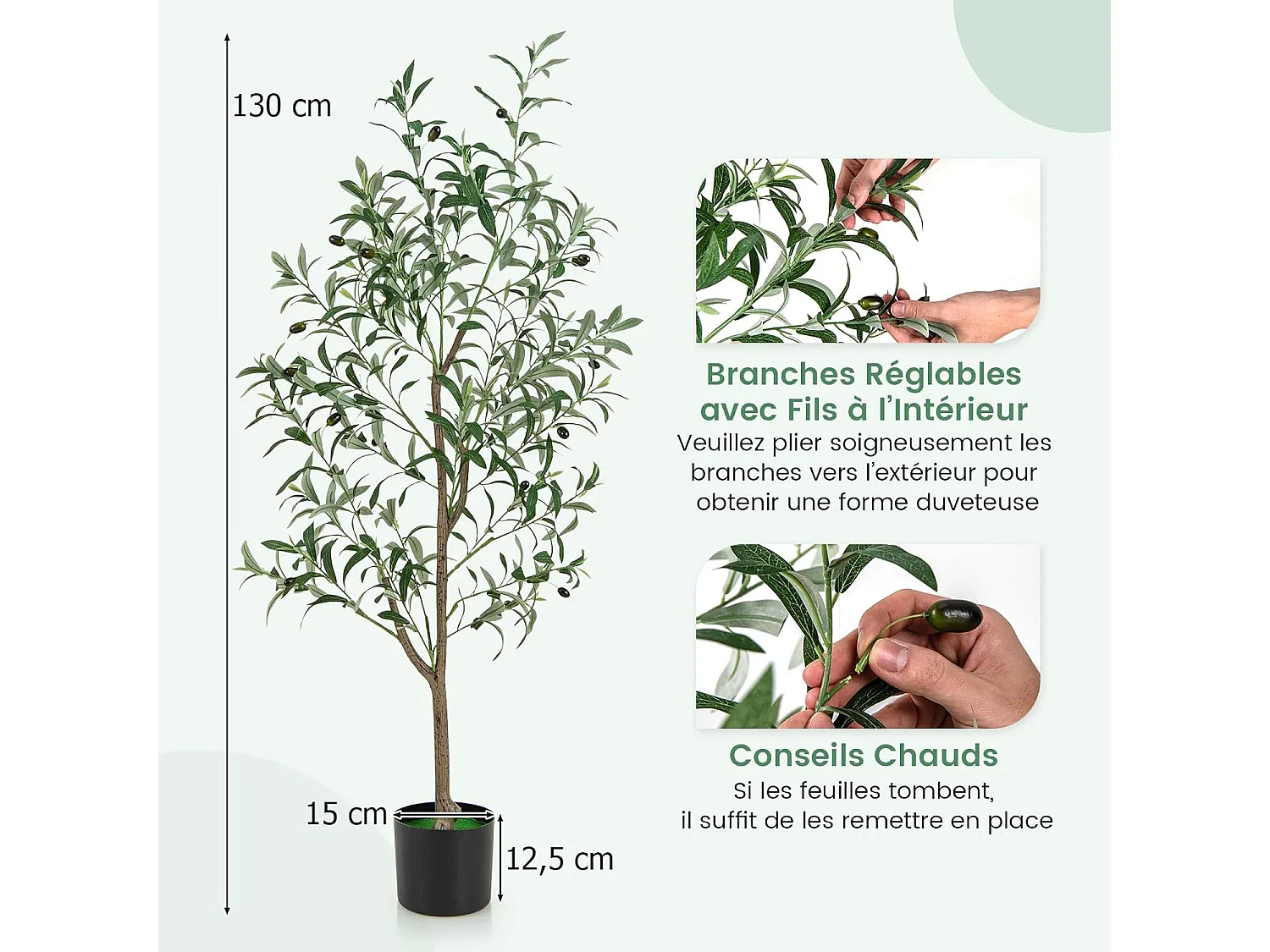 Lot de 2 Arbres Artificiels d'olive de 130 cm, Fausses Plantes en Pot avec Fruits Réalistes Plantes Vertes, Décorations Plantes Modernes pour Maison Porche Bureau