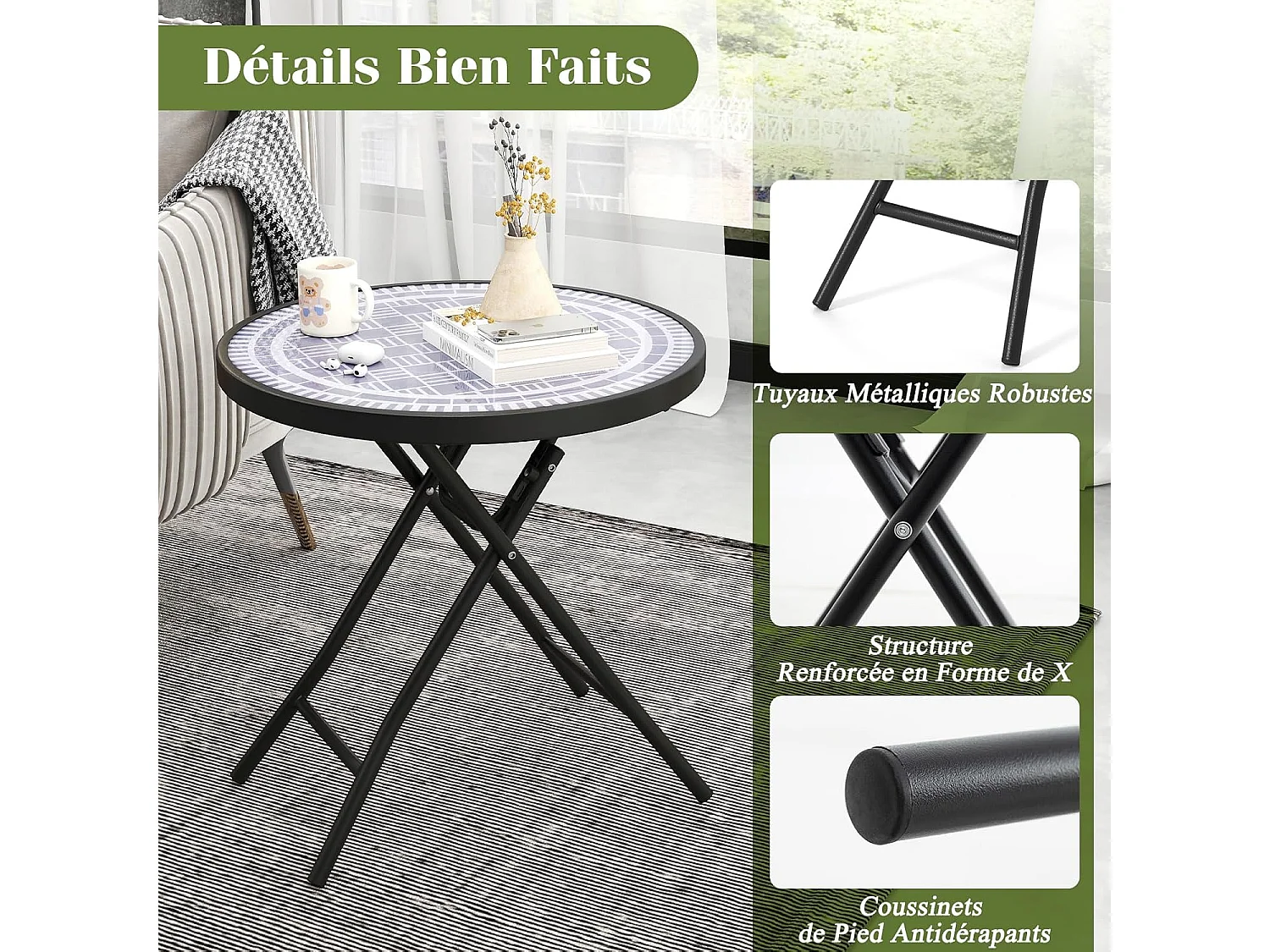 Table de Jardin Ronde Pliante de 46 cm, Table Basse Bistro Extérieur avec Plateau en Verre Trempé, Cadre en Métal Robuste, Charge 50 kg (Gris)