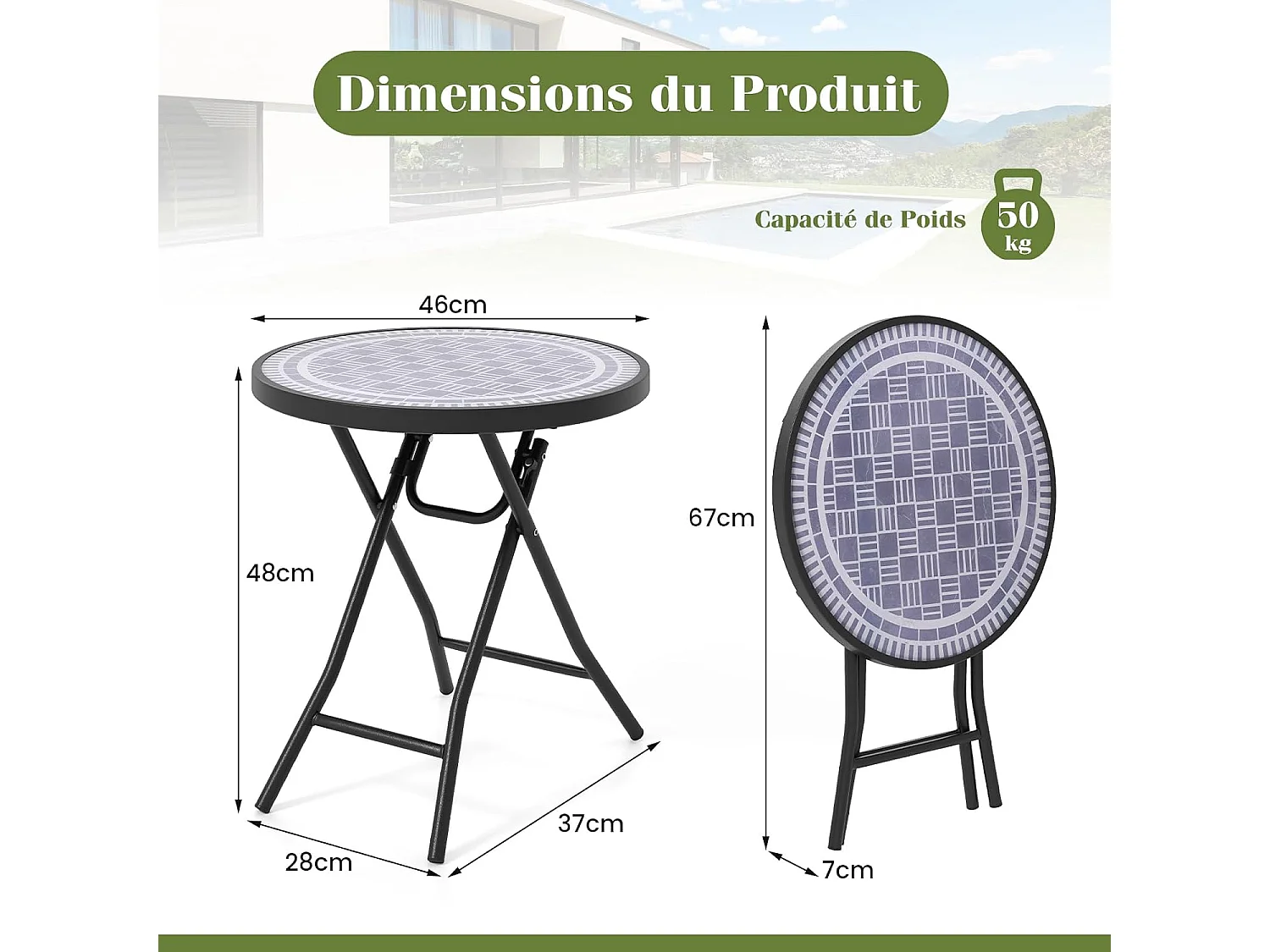Table de Jardin Ronde Pliante de 46 cm, Table Basse Bistro Extérieur avec Plateau en Verre Trempé, Cadre en Métal Robuste, Charge 50 kg (Gris)