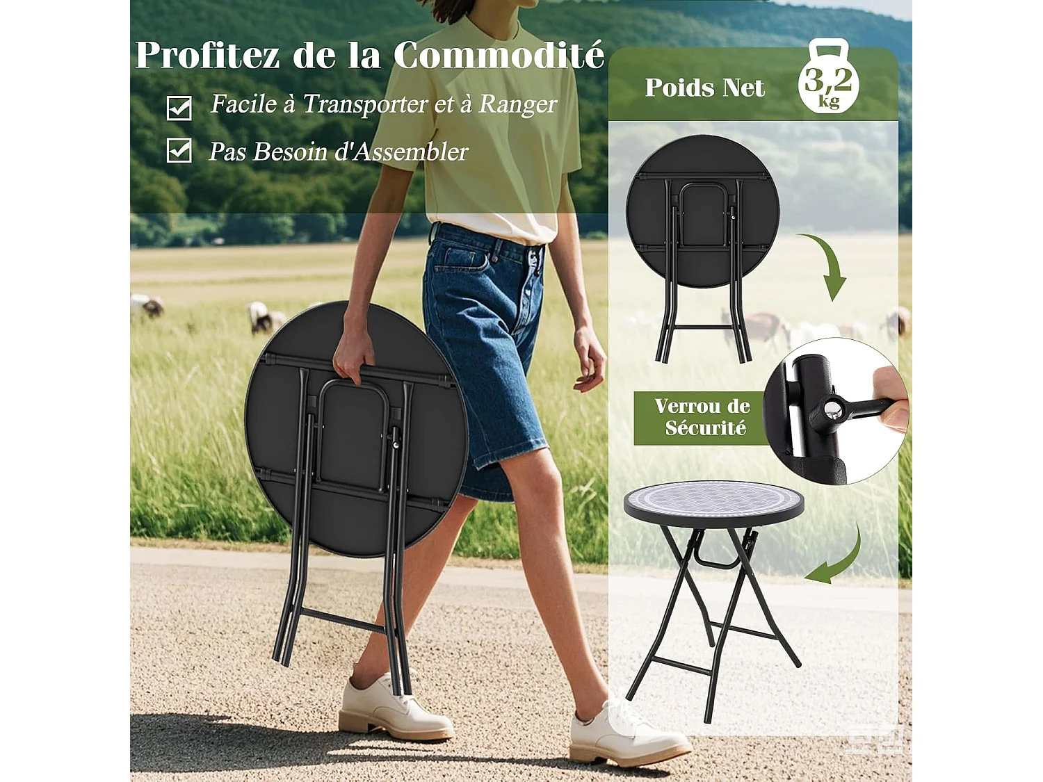 Table de Jardin Ronde Pliante de 46 cm, Table Basse Bistro Extérieur avec Plateau en Verre Trempé, Cadre en Métal Robuste, Charge 50 kg (Gris)