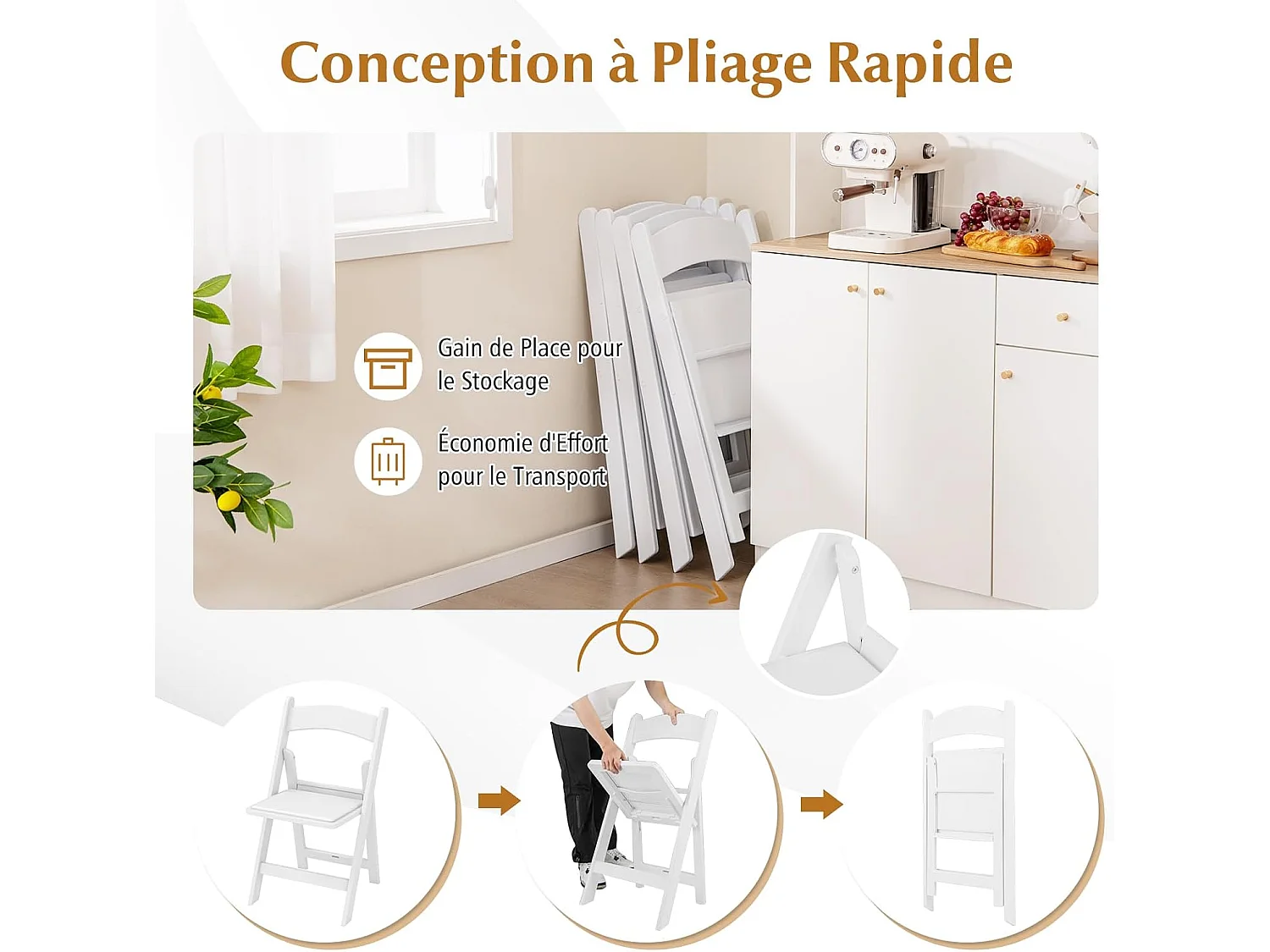 Chaise Pliante Lot de 2, Chaises de Jardin en Résine, Siège Rembourré en PVC, Chaise Pliable Extérieur Intérieure, Transport Facile, pour Cuisine, Mariage, Fête