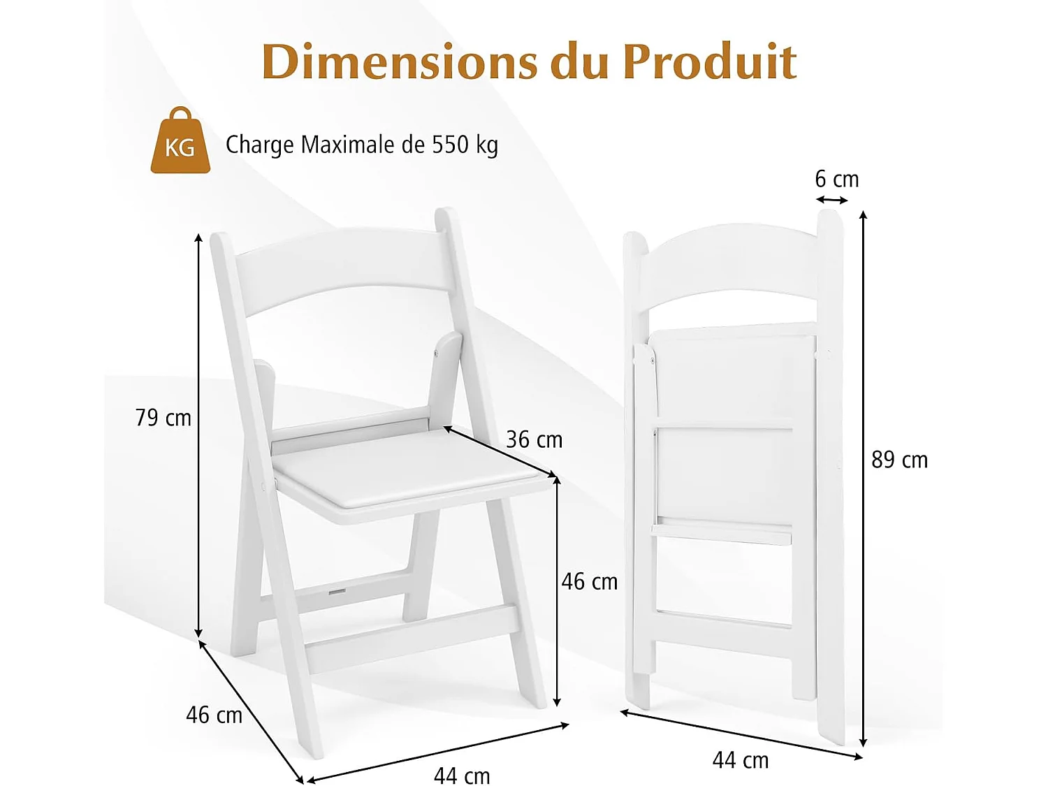 Chaise Pliante Lot de 2, Chaises de Jardin en Résine, Siège Rembourré en PVC, Chaise Pliable Extérieur Intérieure, Transport Facile, pour Cuisine, Mariage, Fête