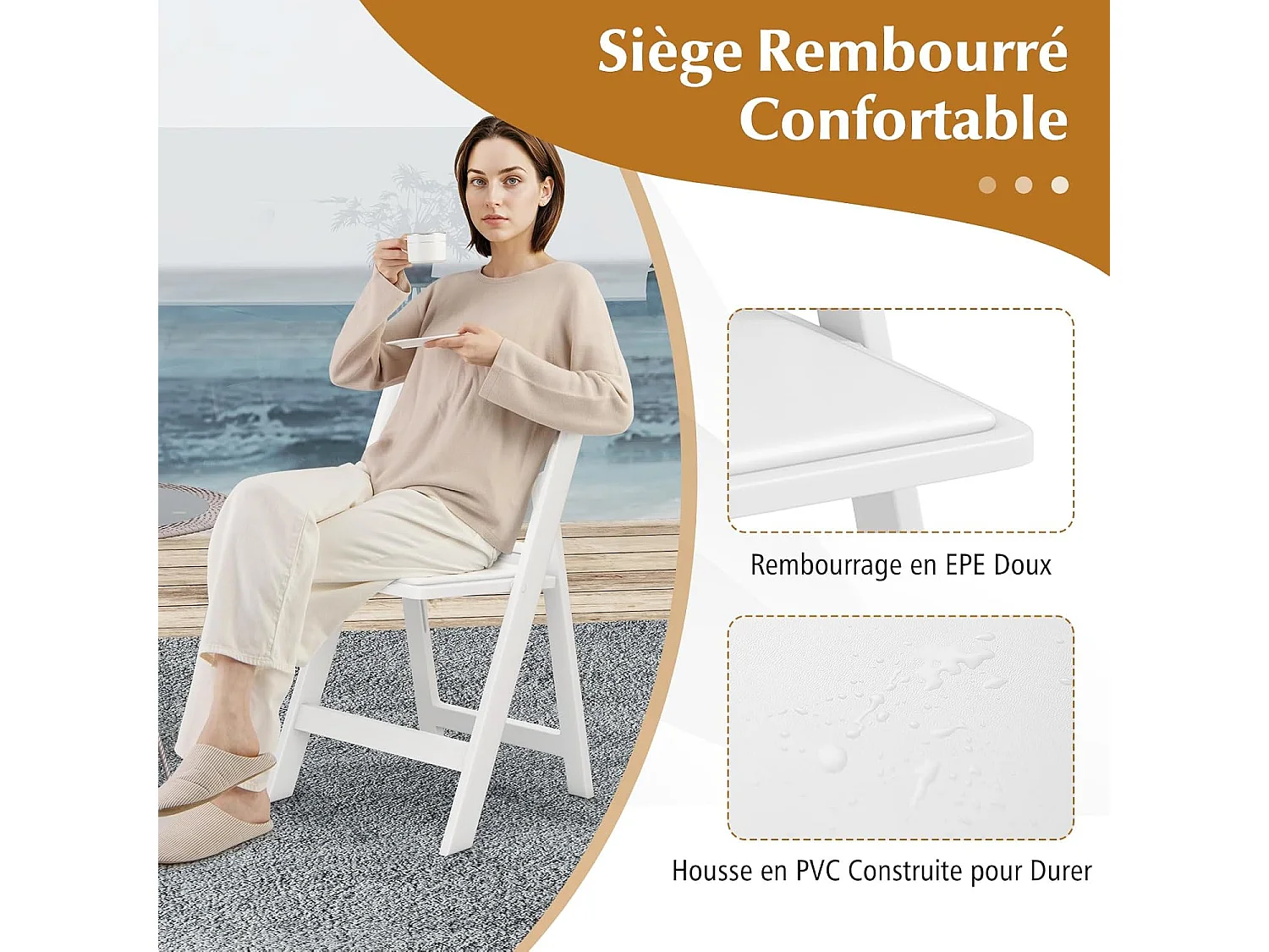 Chaise Pliante Lot de 2, Chaises de Jardin en Résine, Siège Rembourré en PVC, Chaise Pliable Extérieur Intérieure, Transport Facile, pour Cuisine, Mariage, Fête