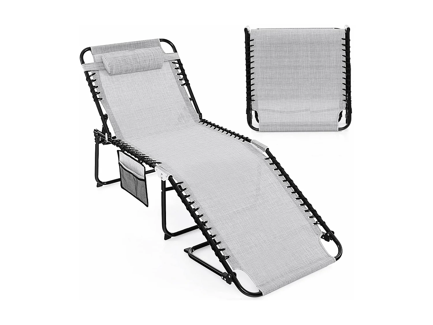Chaise Longue Pliante, Bain de Soleil, Appuie-tête Amovible, Dossier Réglable à 4 Positions, Cadre en Acier, Transat Jardin, Charge 150 KG (188 x 69 cm,Gris)