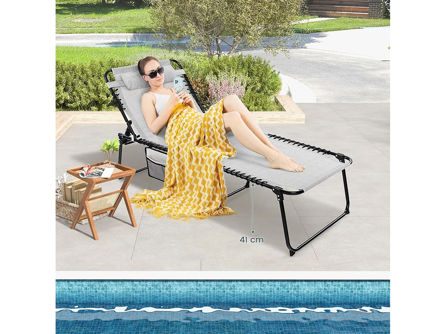 Chaise Longue Pliante, Bain de Soleil, Appuie-tête Amovible, Dossier Réglable à 4 Positions, Cadre en Acier, Transat Jardin, Charge 150 KG (188 x 69 cm,Gris)