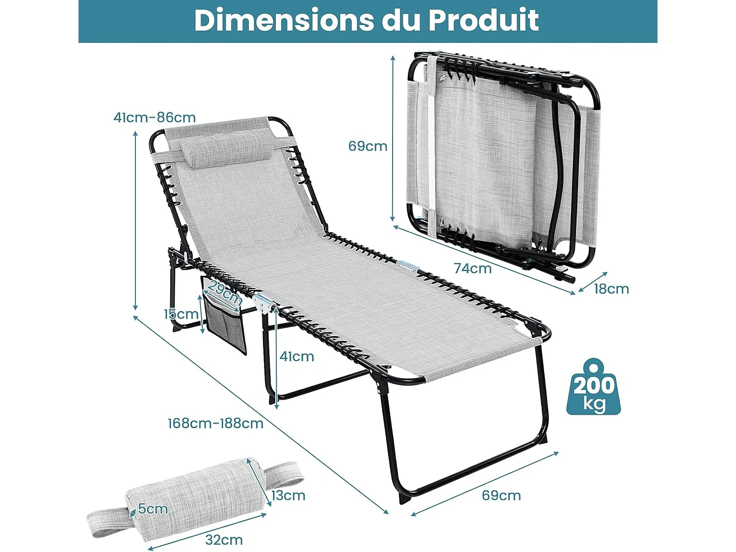 Chaise Longue Pliante, Bain de Soleil, Appuie-tête Amovible, Dossier Réglable à 4 Positions, Cadre en Acier, Transat Jardin, Charge 150 KG (188 x 69 cm,Gris)