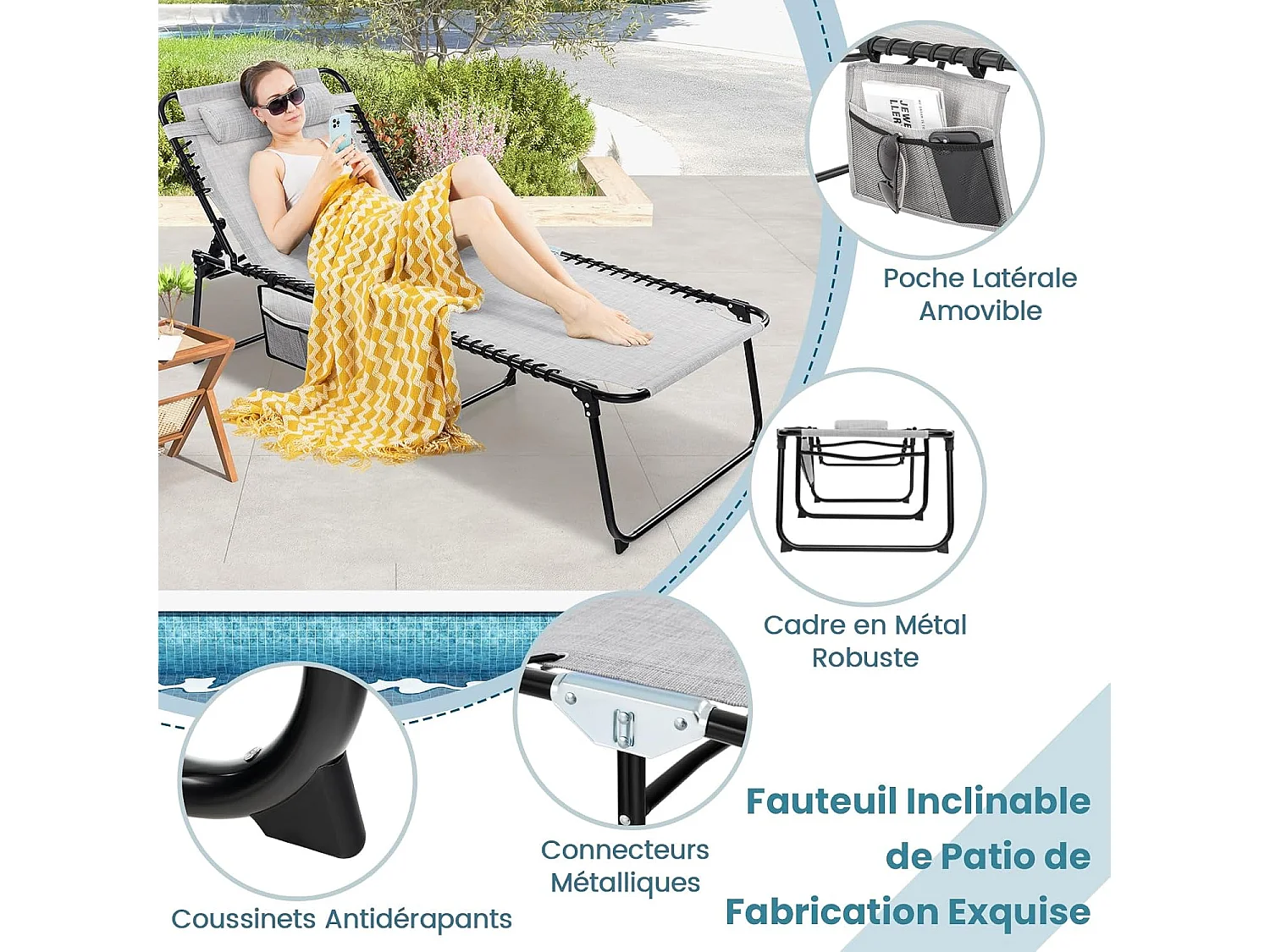 Chaise Longue Pliante, Bain de Soleil, Appuie-tête Amovible, Dossier Réglable à 4 Positions, Cadre en Acier, Transat Jardin, Charge 150 KG (188 x 69 cm,Gris)
