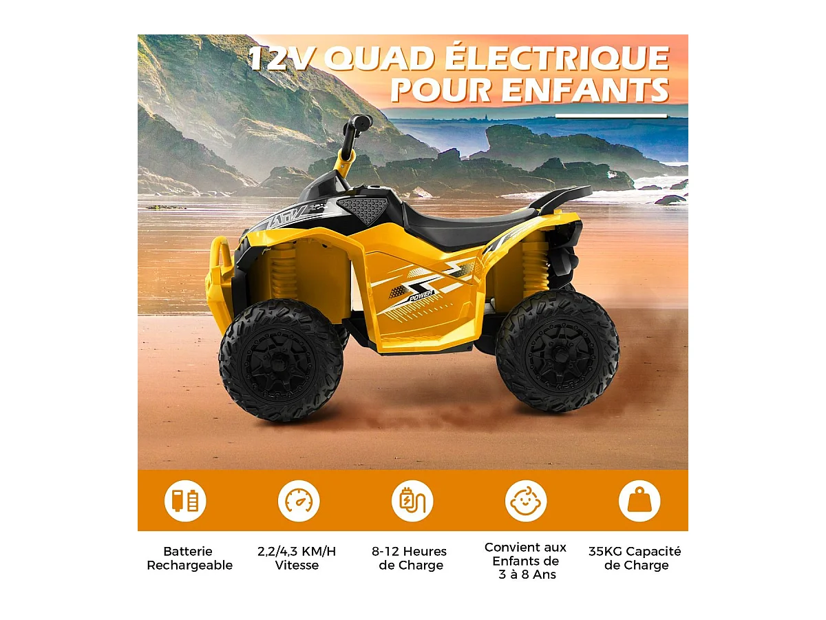 12V Quad Électrique Enfant avec Phares & Musique & Klaxon, Voiture Électrique avec Pédale & Guidon Antidérapant, 2,2/4,3 KM/H, Charge 35kg  (Jaune)