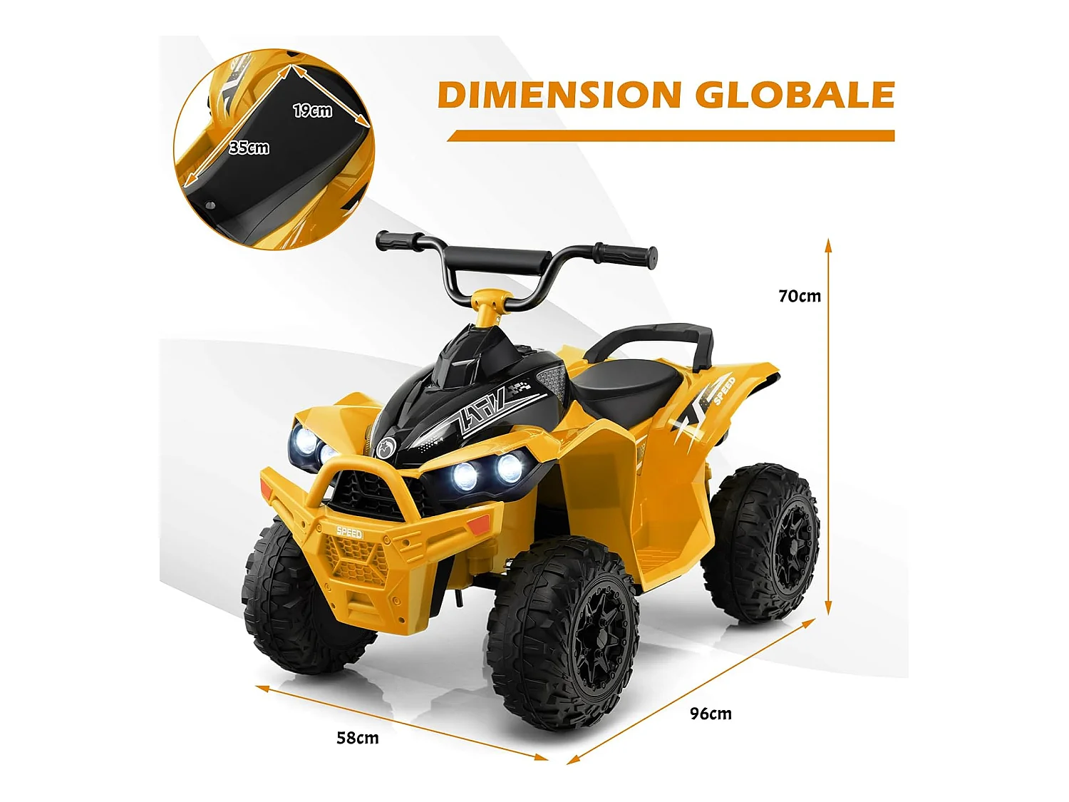 12V Quad Électrique Enfant avec Phares & Musique & Klaxon, Voiture Électrique avec Pédale & Guidon Antidérapant, 2,2/4,3 KM/H, Charge 35kg  (Jaune)