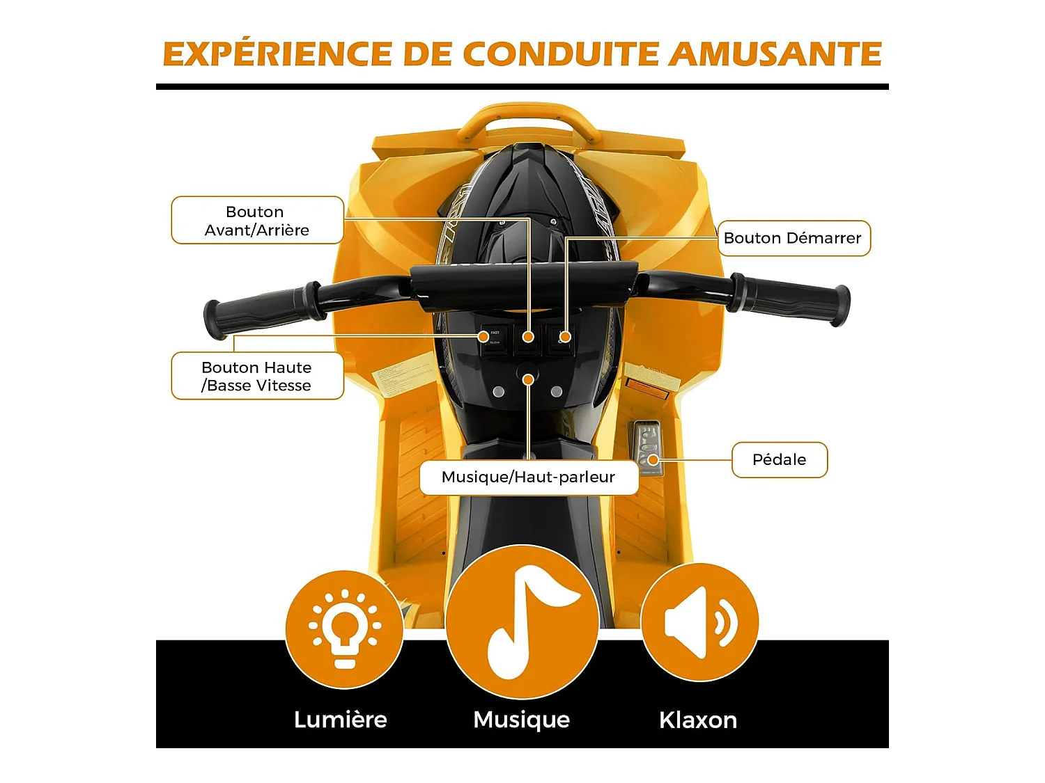 12V Quad Électrique Enfant avec Phares & Musique & Klaxon, Voiture Électrique avec Pédale & Guidon Antidérapant, 2,2/4,3 KM/H, Charge 35kg  (Jaune)