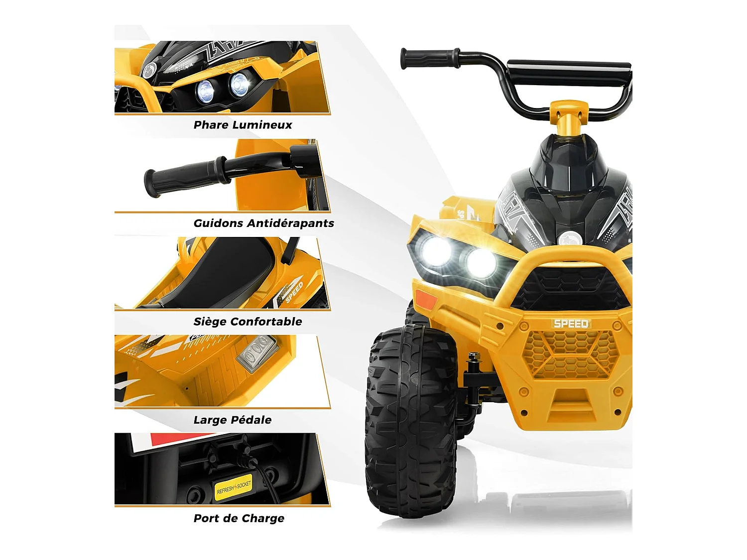 12V Quad Électrique Enfant avec Phares & Musique & Klaxon, Voiture Électrique avec Pédale & Guidon Antidérapant, 2,2/4,3 KM/H, Charge 35kg  (Jaune)