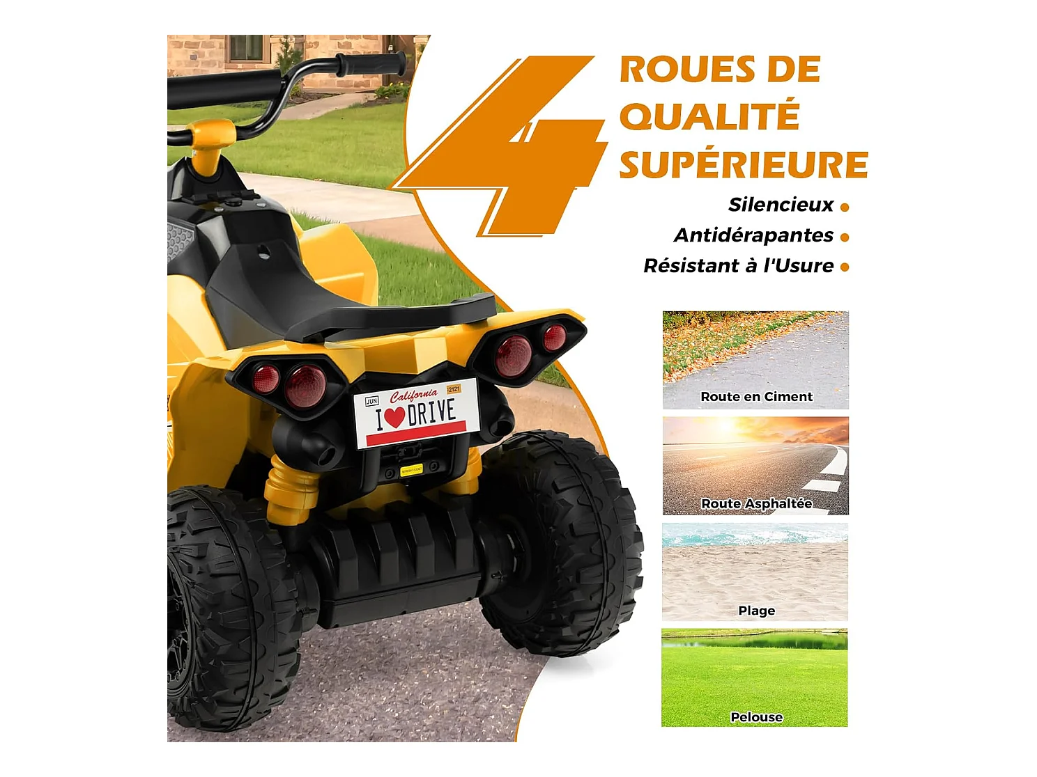 12V Quad Électrique Enfant avec Phares & Musique & Klaxon, Voiture Électrique avec Pédale & Guidon Antidérapant, 2,2/4,3 KM/H, Charge 35kg  (Jaune)