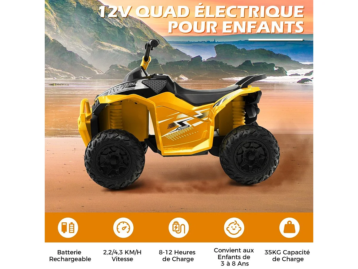 12V Quad Électrique Enfant avec Phares & Musique & Klaxon, Voiture Électrique avec Pédale & Guidon Antidérapant, 2,2/4,3 KM/H, Charge 35kg  (Jaune)