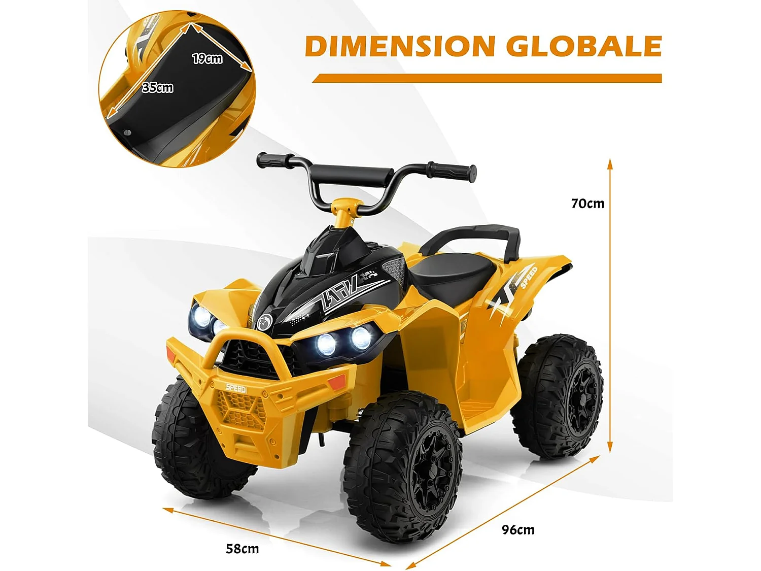 12V Quad Électrique Enfant avec Phares & Musique & Klaxon, Voiture Électrique avec Pédale & Guidon Antidérapant, 2,2/4,3 KM/H, Charge 35kg  (Jaune)