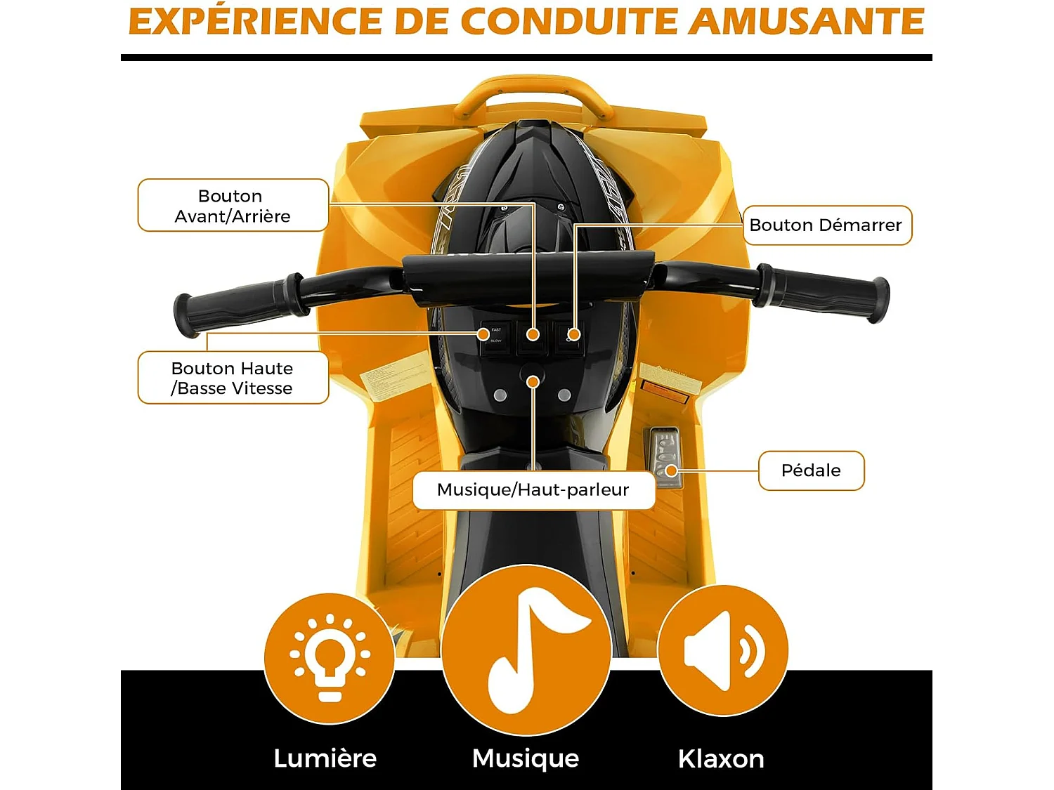 12V Quad Électrique Enfant avec Phares & Musique & Klaxon, Voiture Électrique avec Pédale & Guidon Antidérapant, 2,2/4,3 KM/H, Charge 35kg  (Jaune)