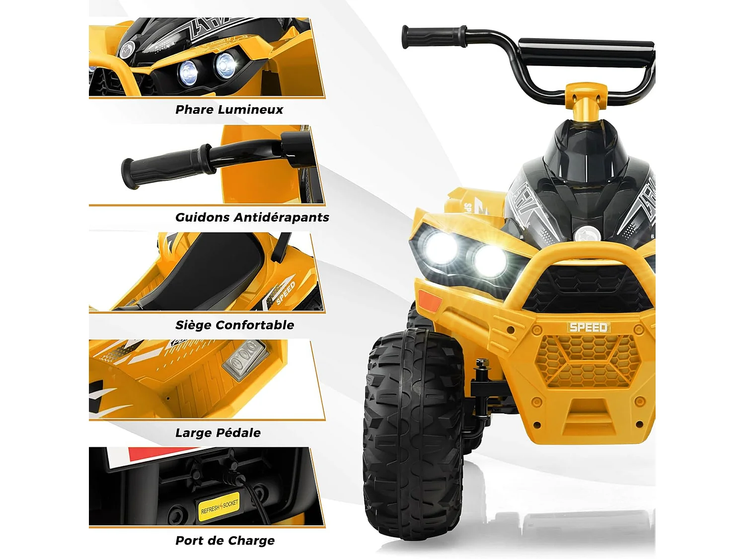 12V Quad Électrique Enfant avec Phares & Musique & Klaxon, Voiture Électrique avec Pédale & Guidon Antidérapant, 2,2/4,3 KM/H, Charge 35kg  (Jaune)