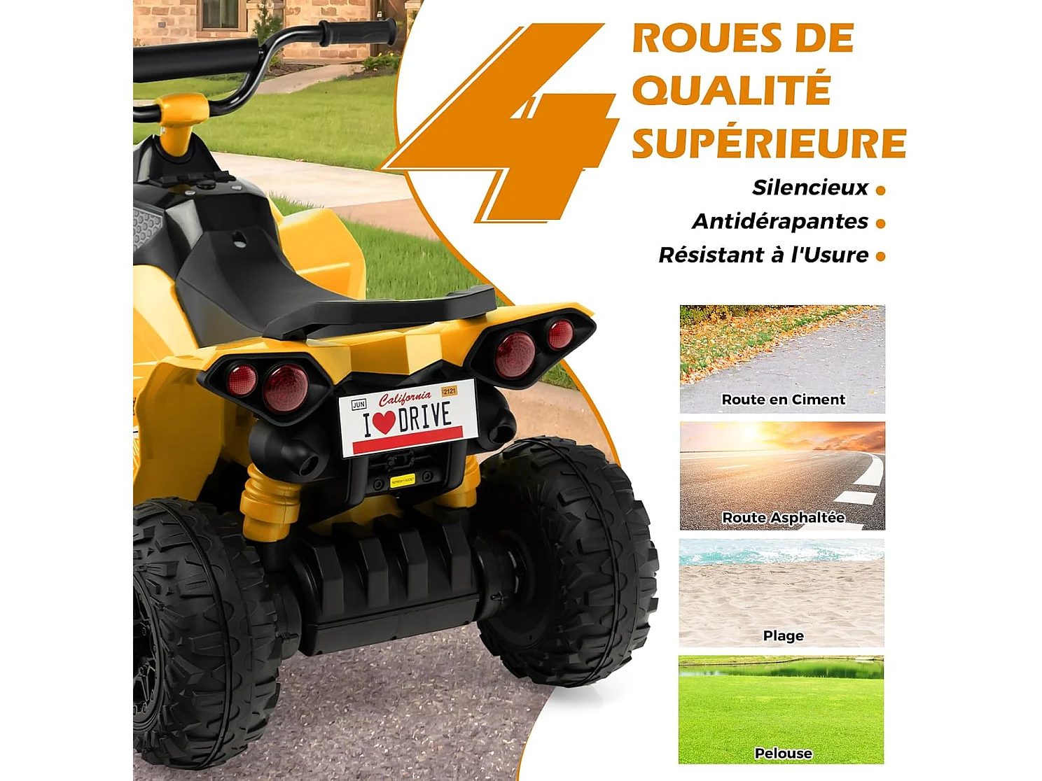 12V Quad Électrique Enfant avec Phares & Musique & Klaxon, Voiture Électrique avec Pédale & Guidon Antidérapant, 2,2/4,3 KM/H, Charge 35kg  (Jaune)