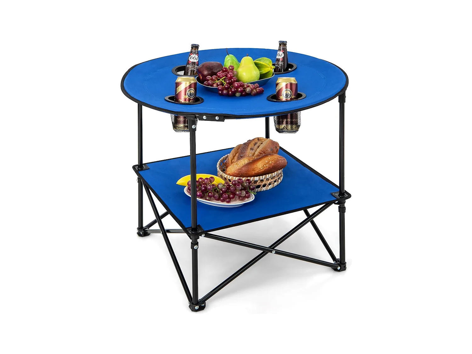 Table de Camping Pliante à 2 Niveaux, Table de Pique-Nique Portable avec Sac de Transport 4 Porte-Gobelets, Table de Plage Etanche Légère, 72 x 59 cm