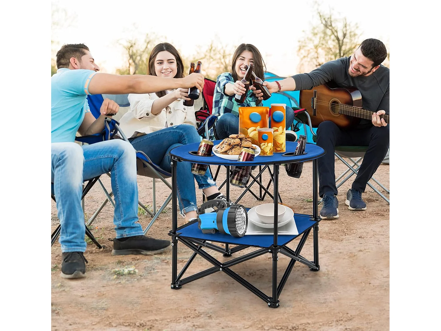 Table de Camping Pliante à 2 Niveaux, Table de Pique-Nique Portable avec Sac de Transport 4 Porte-Gobelets, Table de Plage Etanche Légère, 72 x 59 cm