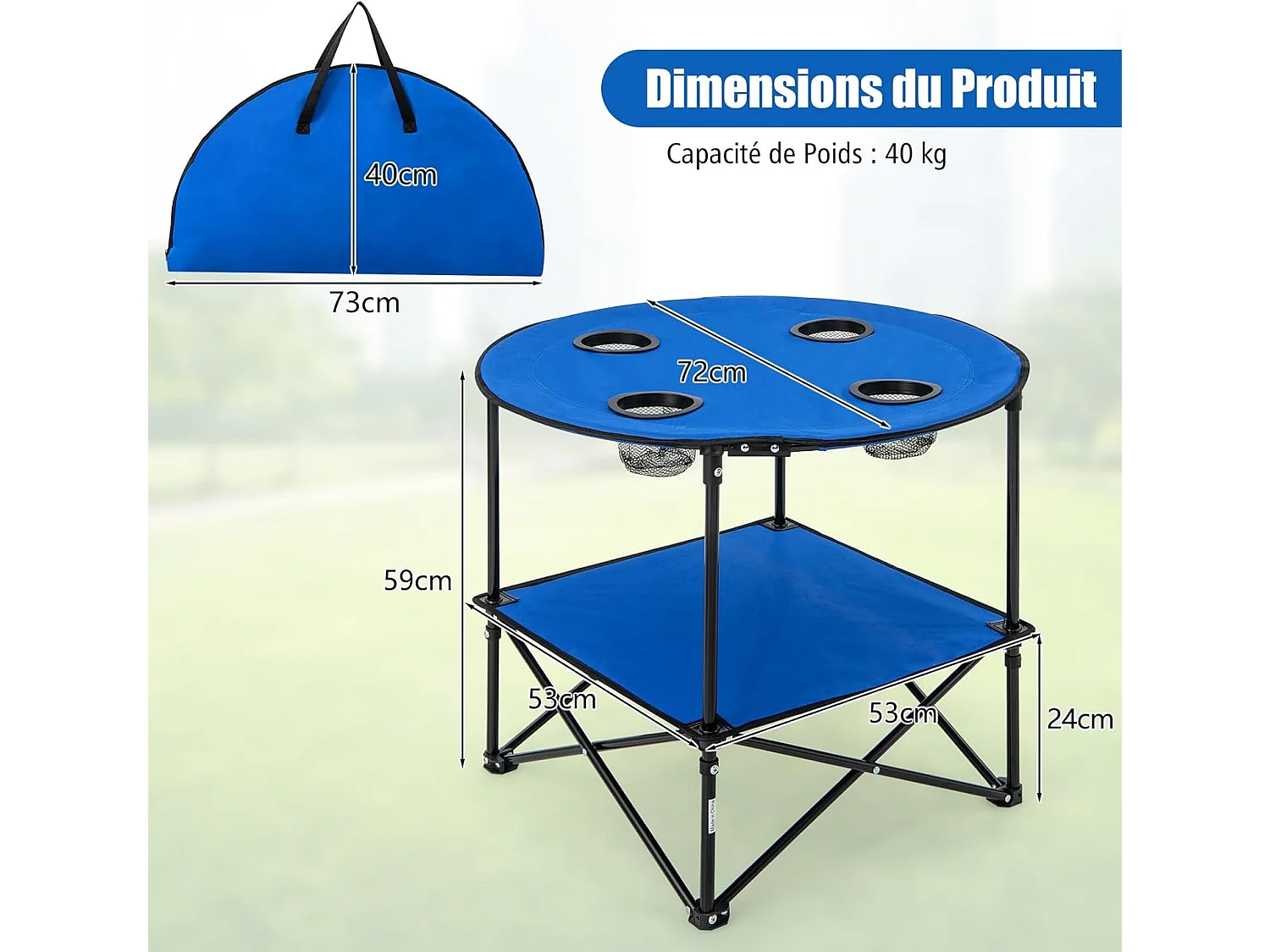 Table de Camping Pliante à 2 Niveaux, Table de Pique-Nique Portable avec Sac de Transport 4 Porte-Gobelets, Table de Plage Etanche Légère, 72 x 59 cm