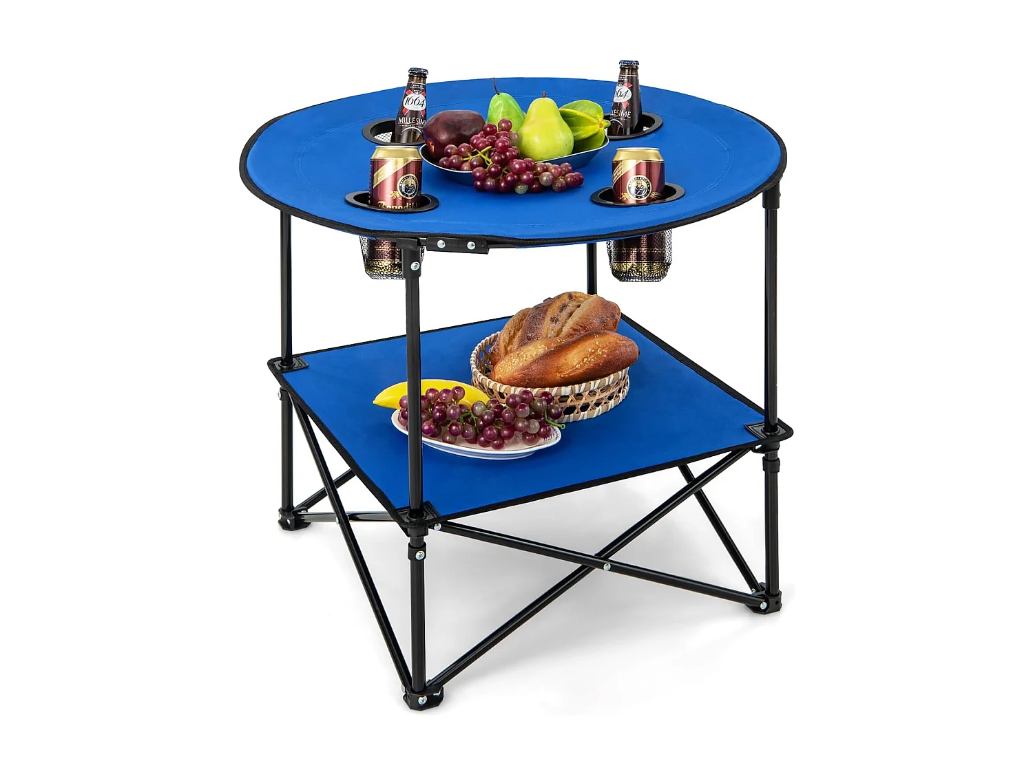 Table de Camping Pliante à 2 Niveaux, Table de Pique-Nique Portable avec Sac de Transport 4 Porte-Gobelets, Table de Plage Etanche Légère, 72 x 59 cm