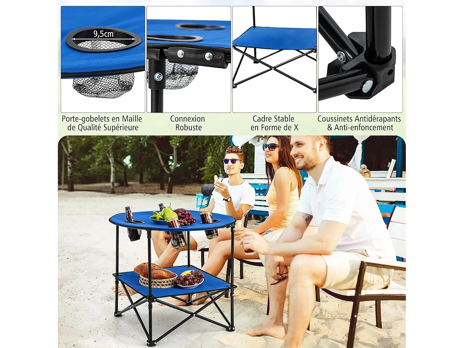 Table de Camping Pliante à 2 Niveaux, Table de Pique-Nique Portable avec Sac de Transport 4 Porte-Gobelets, Table de Plage Etanche Légère, 72 x 59 cm