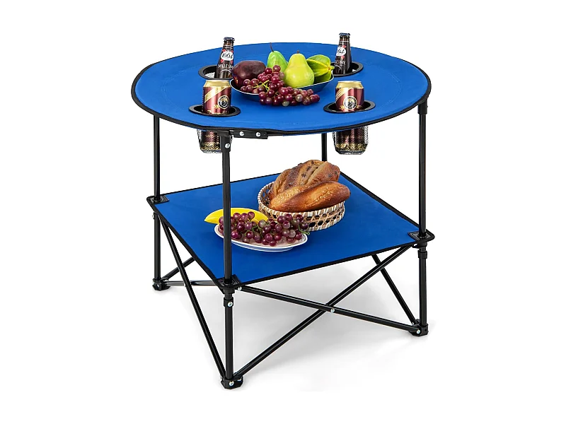 Table de Camping Pliante à 2 Niveaux, Table de Pique-Nique Portable avec Sac de Transport 4 Porte-Gobelets, Table de Plage Etanche Légère, 72 x 59 cm