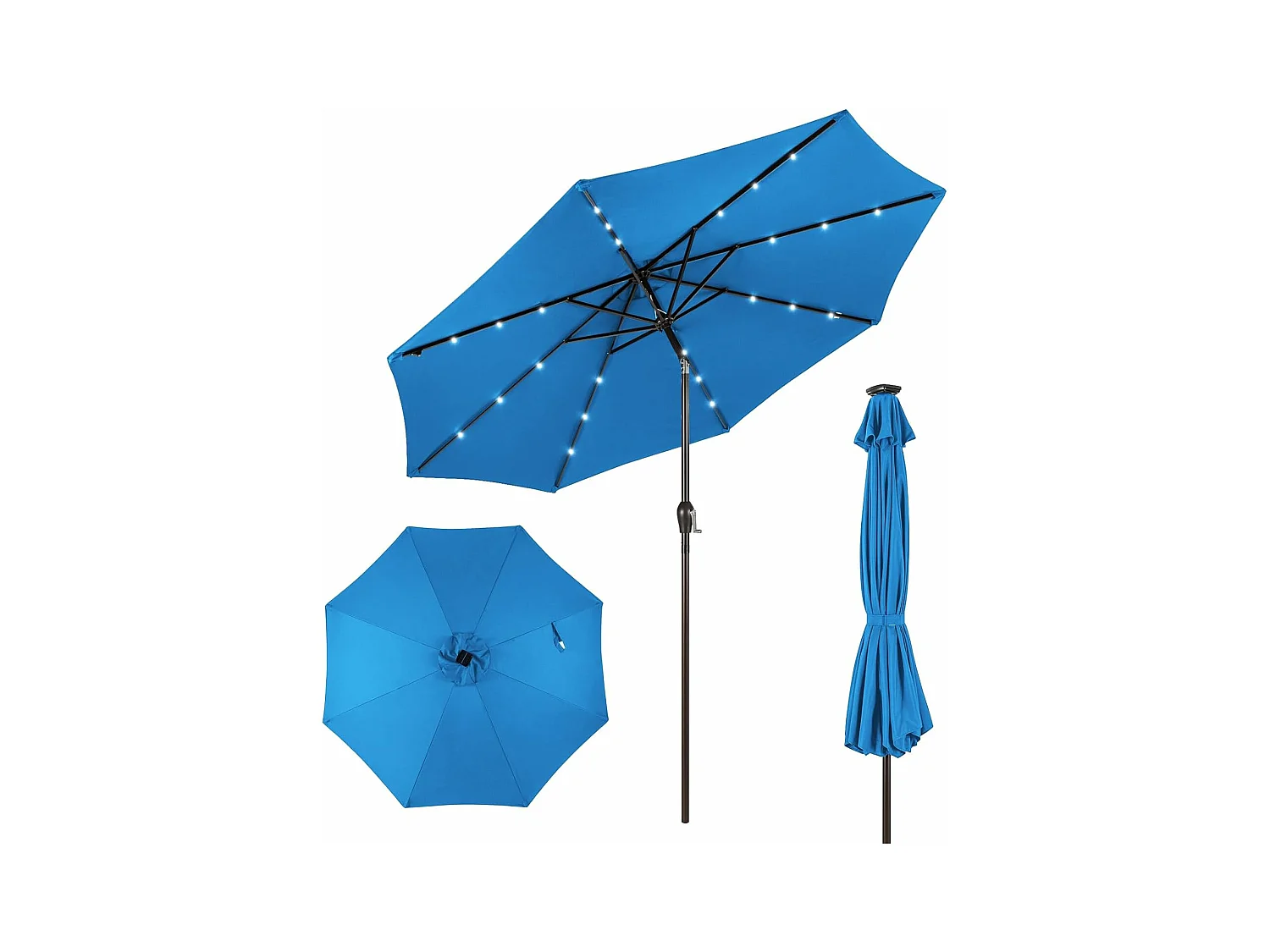 Parasol de Jardin Ø 300 CM, Parasol Inclinable Lumineux Solaire avec 24 LED, Parasol Droit avec Manivelle et 8 Baleines Métalliques Robustes (Bleu Clair)