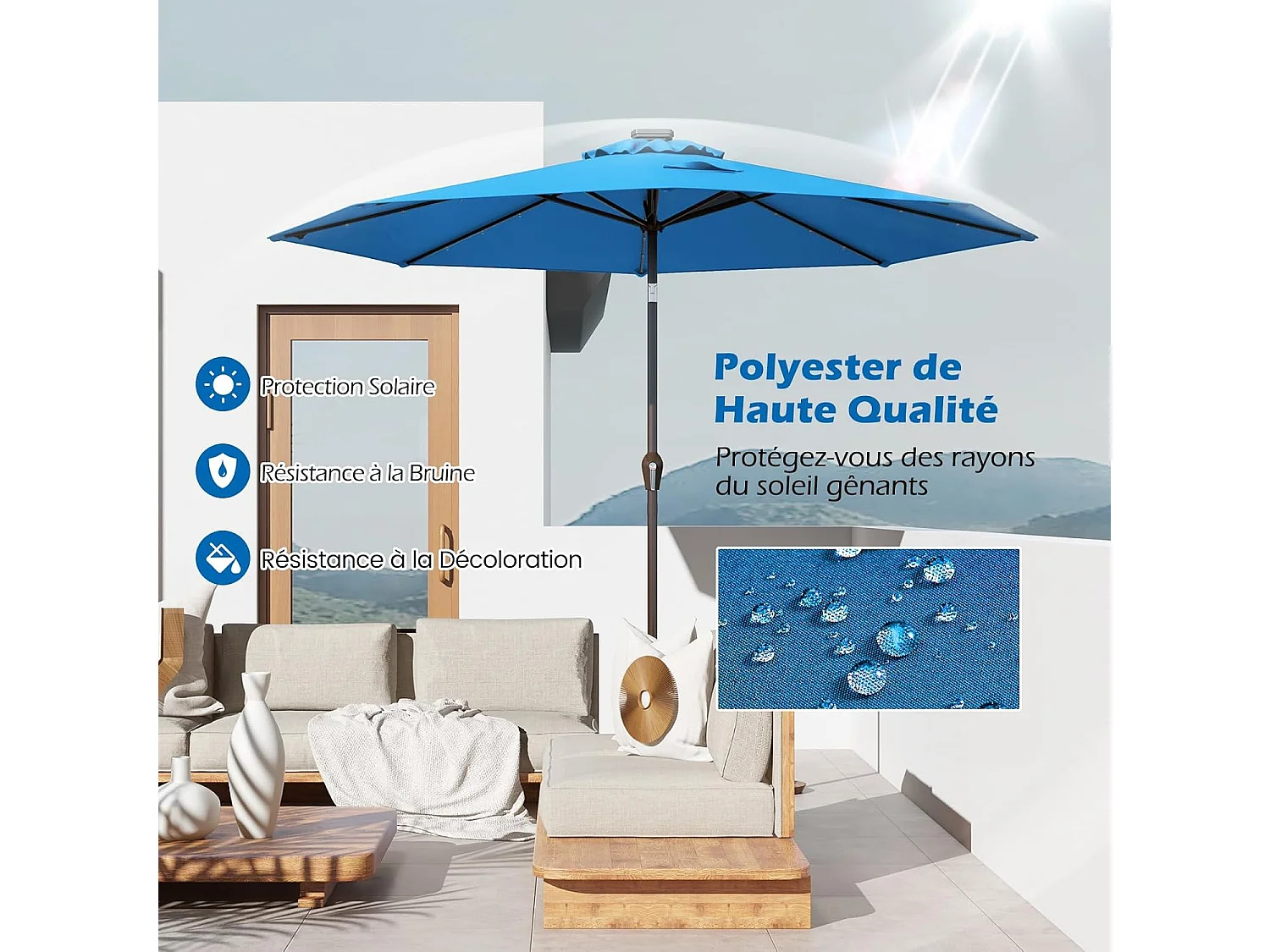 Parasol de Jardin Ø 300 CM, Parasol Inclinable Lumineux Solaire avec 24 LED, Parasol Droit avec Manivelle et 8 Baleines Métalliques Robustes (Bleu Clair)