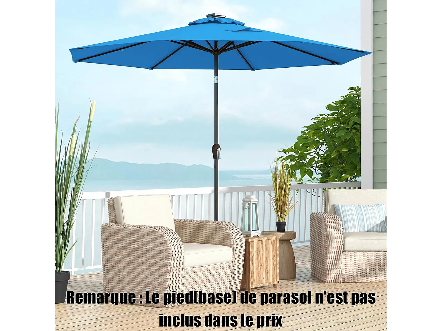 Parasol de Jardin Ø 300 CM, Parasol Inclinable Lumineux Solaire avec 24 LED, Parasol Droit avec Manivelle et 8 Baleines Métalliques Robustes (Bleu Clair)