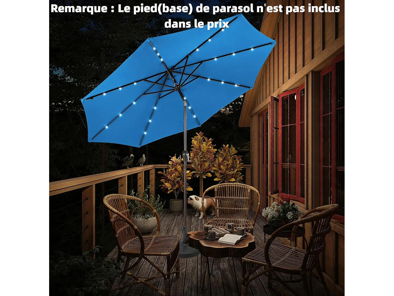 Parasol de Jardin Ø 300 CM, Parasol Inclinable Lumineux Solaire avec 24 LED, Parasol Droit avec Manivelle et 8 Baleines Métalliques Robustes (Bleu Clair)
