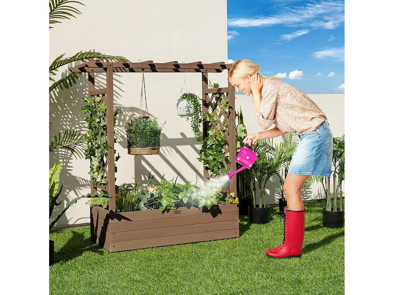 Jardinière avec 2 Treillis Latéraux Toit Suspendu en Bois de Sapin avec Trou de Drainage, Lit de Jardin Résistance aux Intempéries, Brun (110 x 44 x 113,5 cm)
