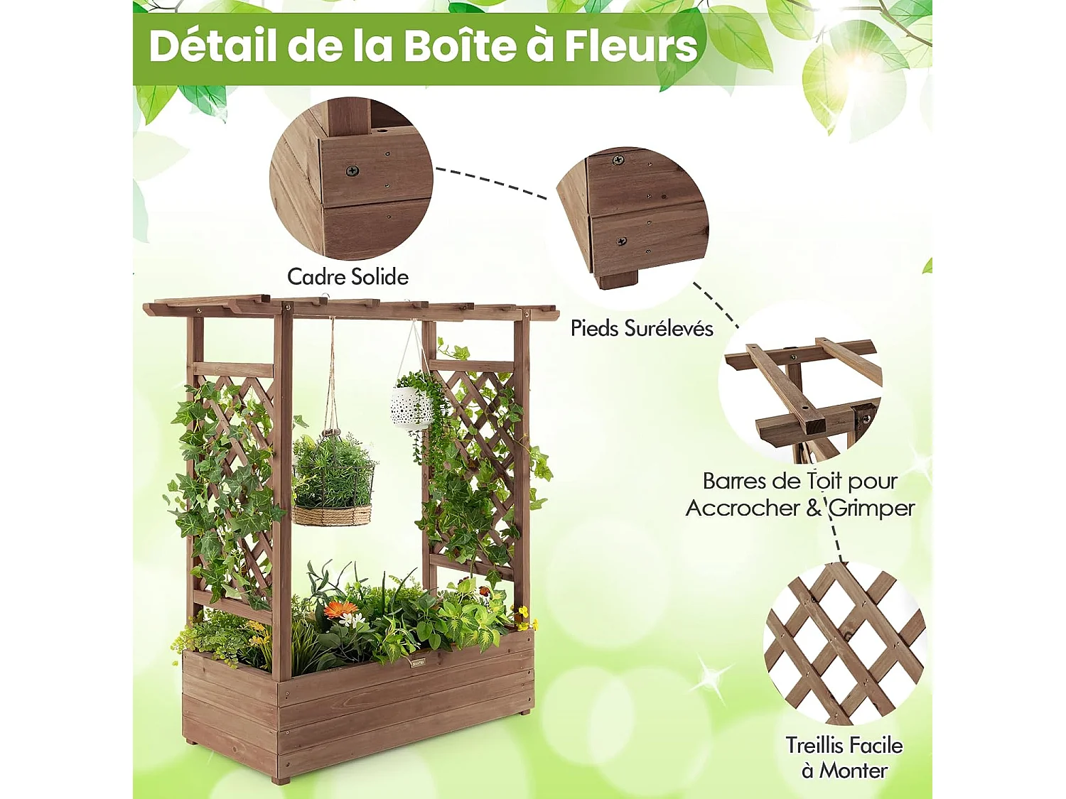 Jardinière avec 2 Treillis Latéraux Toit Suspendu en Bois de Sapin avec Trou de Drainage, Lit de Jardin Résistance aux Intempéries, Brun (110 x 44 x 113,5 cm)