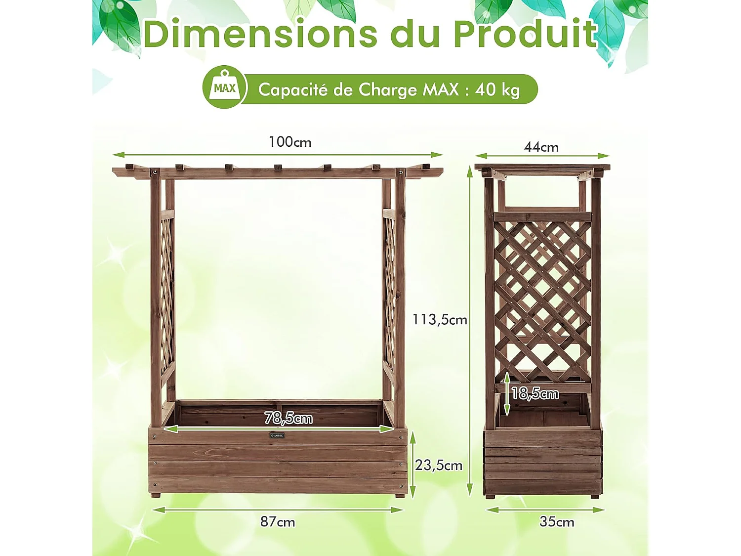 Jardinière avec 2 Treillis Latéraux Toit Suspendu en Bois de Sapin avec Trou de Drainage, Lit de Jardin Résistance aux Intempéries, Brun (110 x 44 x 113,5 cm)