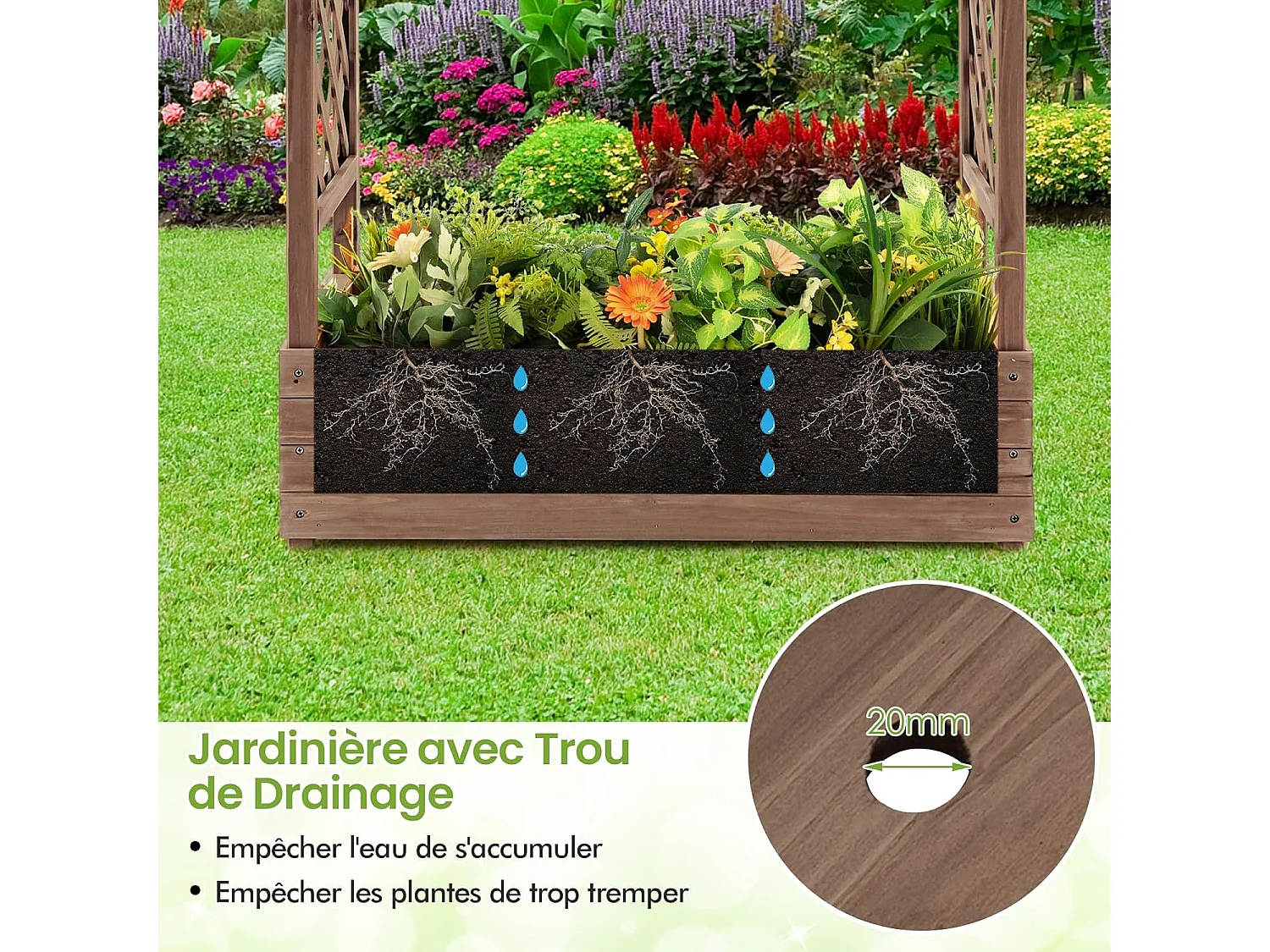 Jardinière avec 2 Treillis Latéraux Toit Suspendu en Bois de Sapin avec Trou de Drainage, Lit de Jardin Résistance aux Intempéries, Brun (110 x 44 x 113,5 cm)
