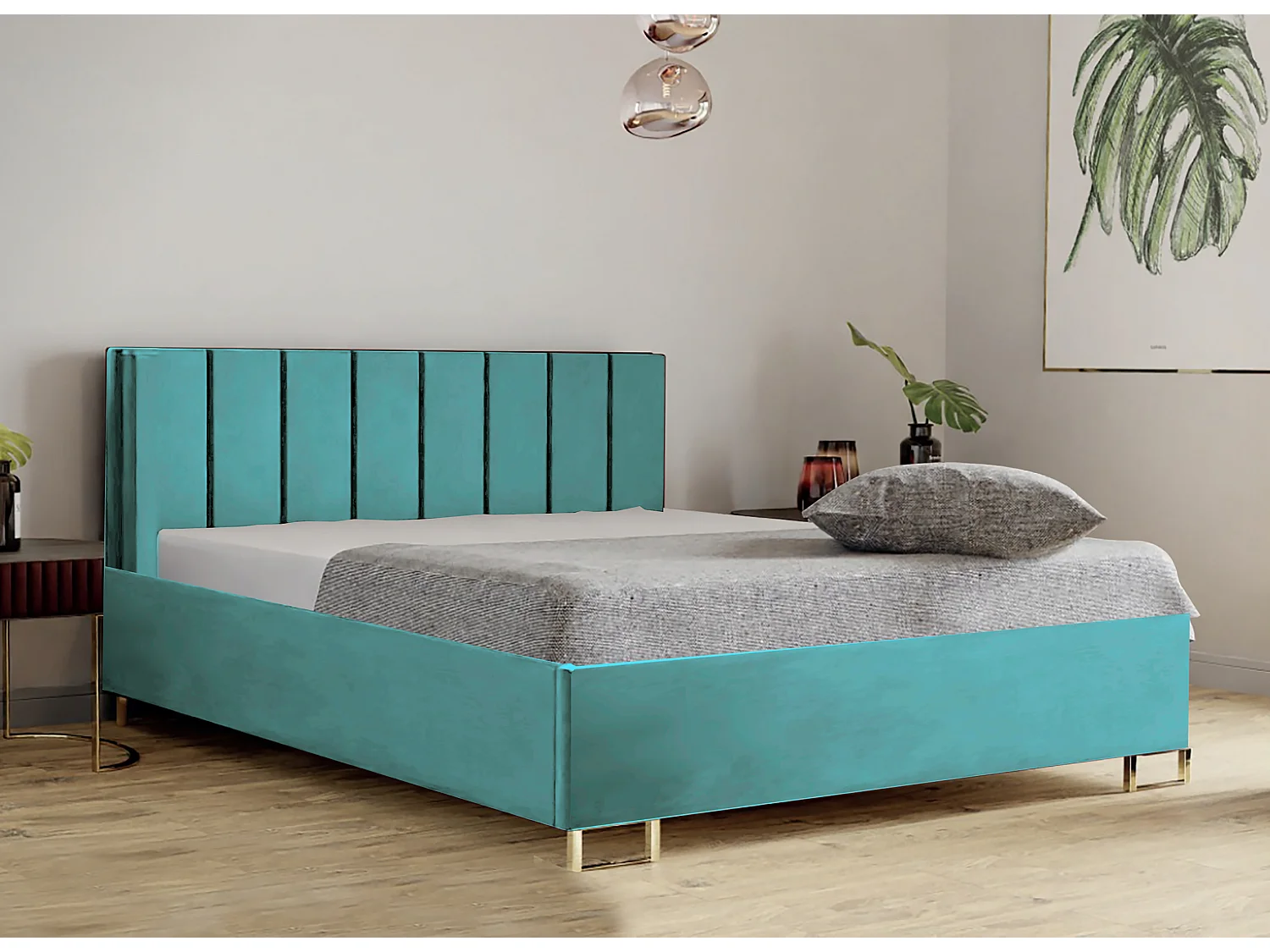 Letto imbottito MALIBU, testiera, rivestimento MONOLITH, box contenitore con pistone a gas, altezza letto 39 cm, 120x200 cm, Cenere