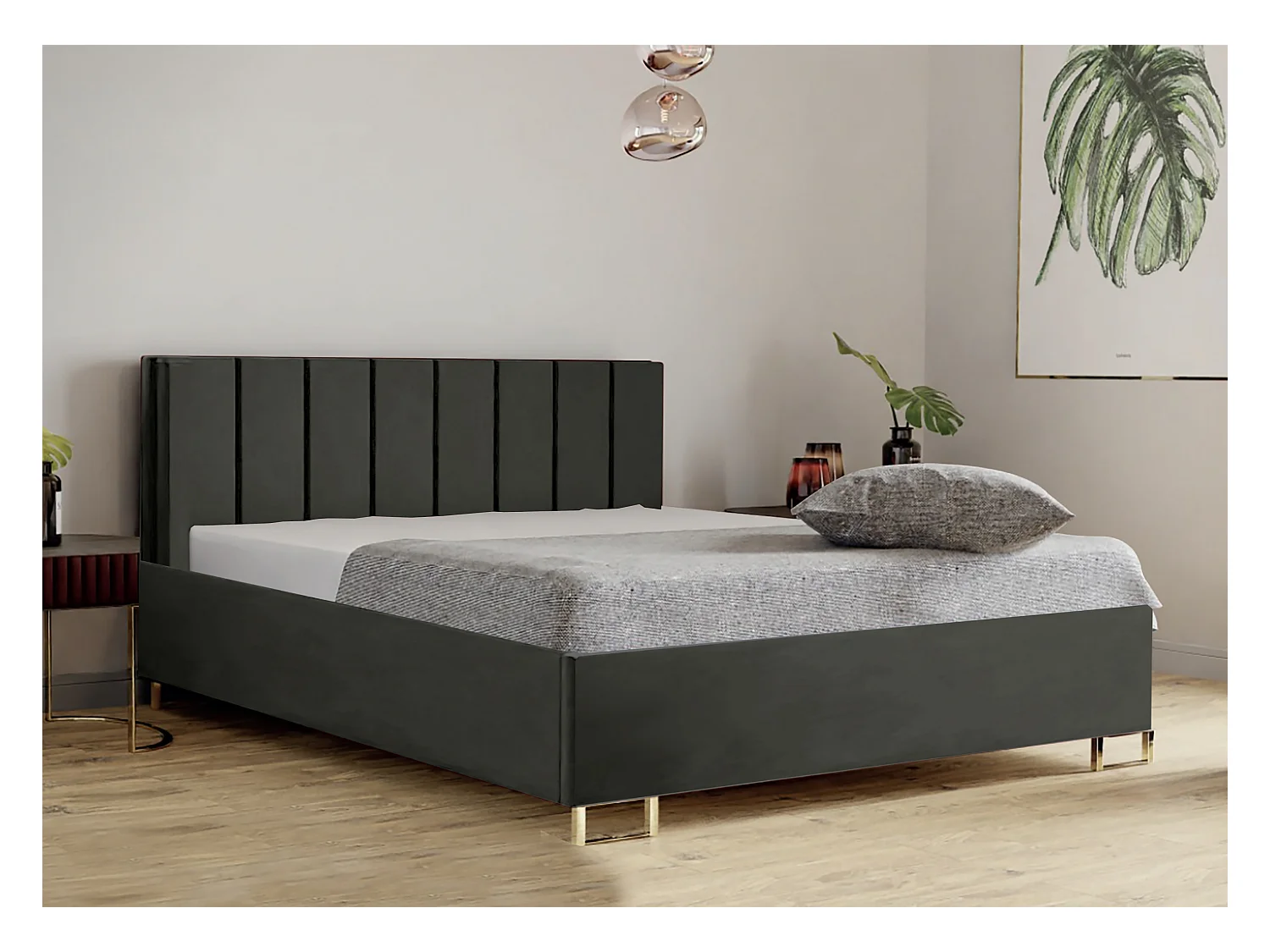 Lit MALIBU, tête de lit rembourrée, revêtement MONOLITH haut de gamme, coffre avec vérins à gaz, hauteur confort 39 cm, 160x200 cm, Marron