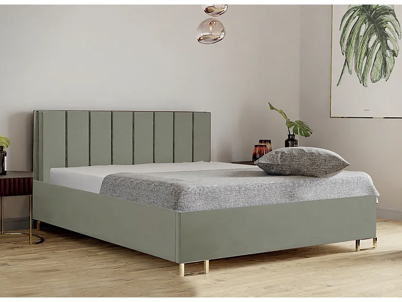 Letto imbottito MALIBU, testiera, rivestimento MONOLITH, box contenitore con pistone a gas, altezza letto 39 cm, 160x200 cm, Ciemo Verde