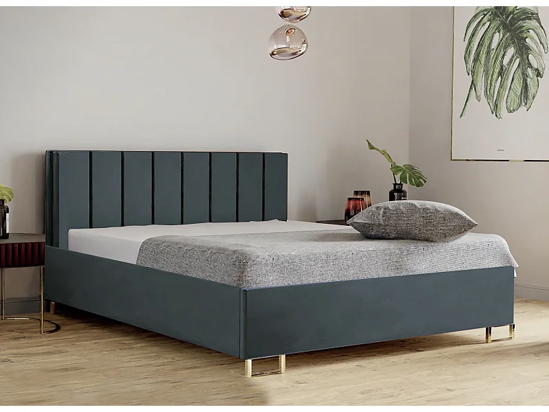 Letto imbottito MALIBU, testiera, rivestimento MONOLITH, box contenitore con pistone a gas, altezza letto 39 cm, 200x200 cm, Blu