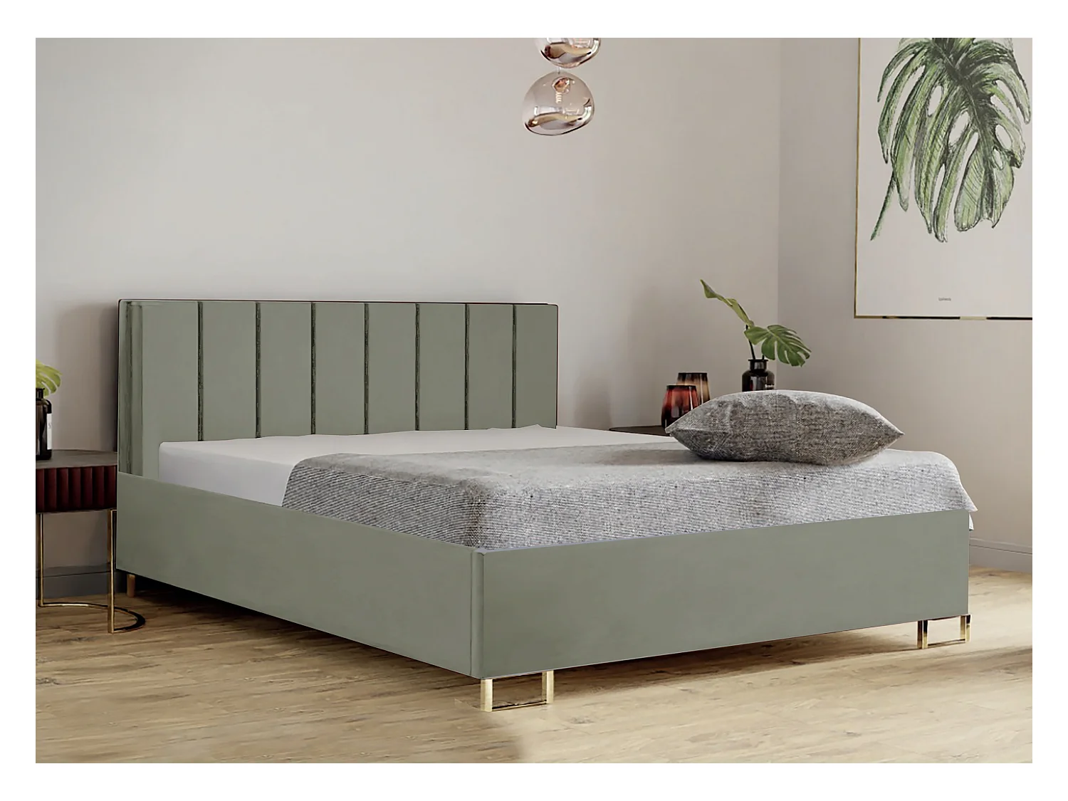 Cama estofada MALIBU, cabeceira acolchoada, tecido MONOLITH premium, baú com pistão a gás, altura confortável 39 cm, 180x200 cm, Verde Ciemo