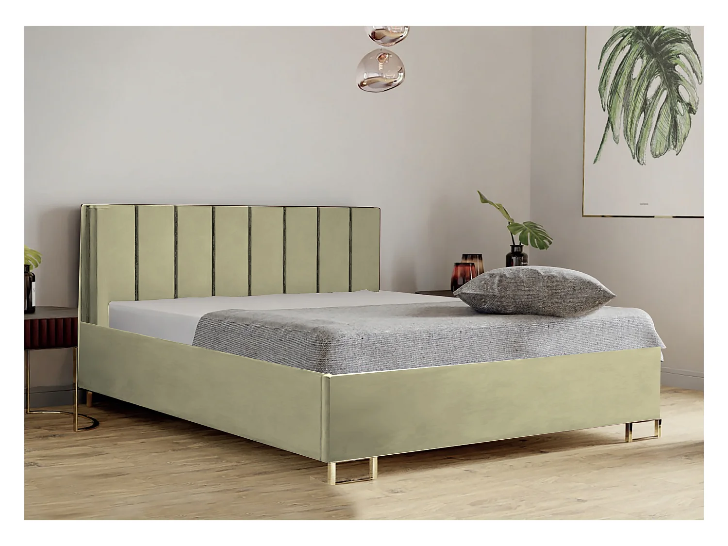 Lit MALIBU, tête de lit rembourrée, revêtement MONOLITH haut de gamme, coffre avec vérins à gaz, hauteur confort 39 cm, 140x200 cm, Beige