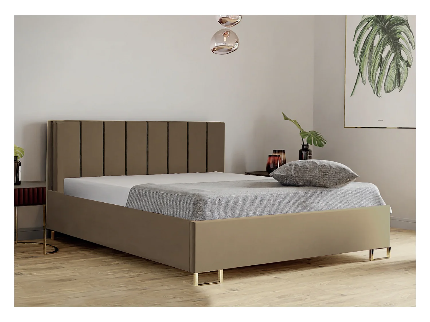 Lit MALIBU, tête de lit rembourrée, revêtement MONOLITH haut de gamme, coffre avec vérins à gaz, hauteur confort 39 cm, 120x200 cm, Cappuccino