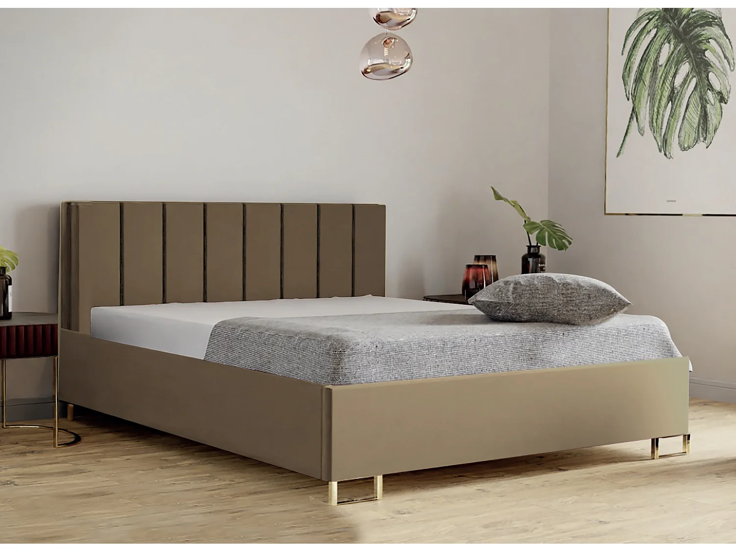Łóżko tapicerowane MALIBU, wezgłowie, obicie MONOLITH, pojemnik na pościel, podnośnik gazowy, wysokość spania 39 cm, 140x200 cm, Cappuccino