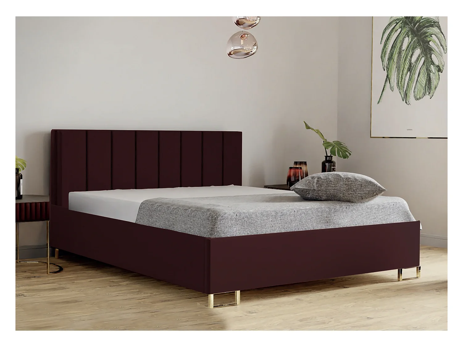 Lit MALIBU, tête de lit rembourrée, revêtement MONOLITH haut de gamme, coffre avec vérins à gaz, hauteur confort 39 cm, 140x200 cm, Cerise