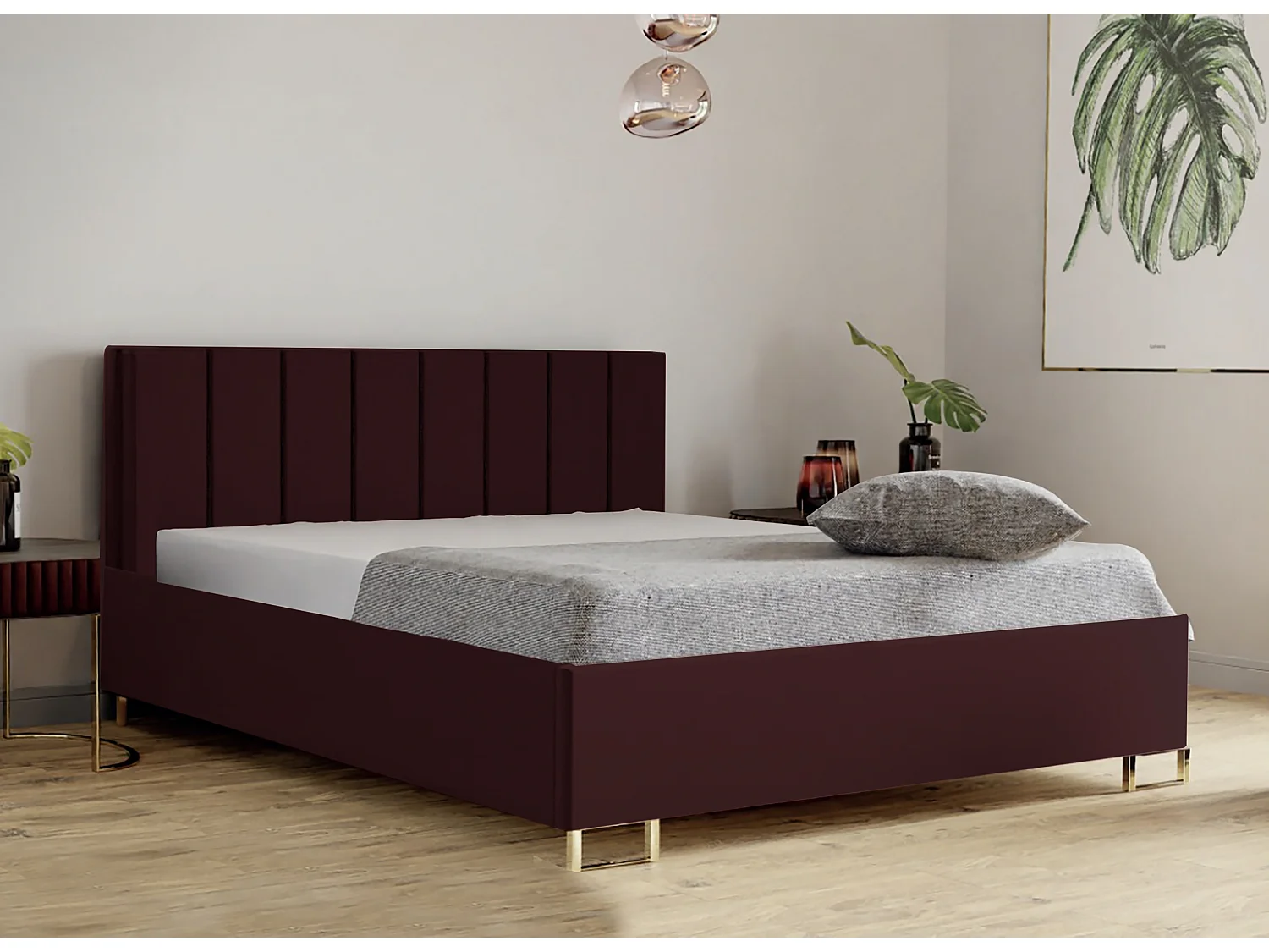 Polsterbed MALIBU, gestoffeerde rugleuning, MONOLITH-stof, opbergbox met gasdrukveer, comfortabele bedhoogte 39 cm, 200x200 cm, Kers