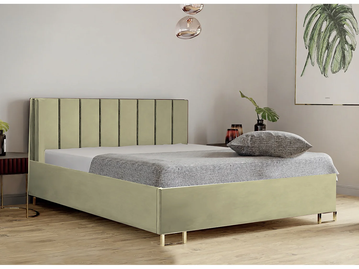Letto imbottito MALIBU, testiera, rivestimento MONOLITH, box contenitore con pistone a gas, altezza letto 39 cm, 180x200 cm, Beige