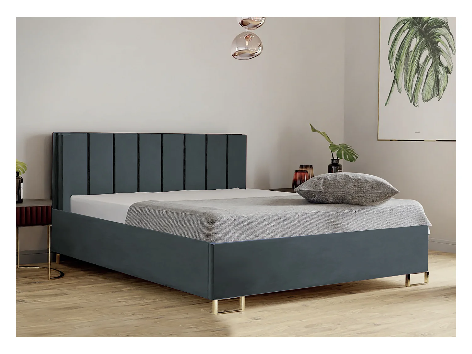 Lit MALIBU, tête de lit rembourrée, revêtement MONOLITH haut de gamme, coffre avec vérins à gaz, hauteur confort 39 cm, 120x200 cm, Bleu