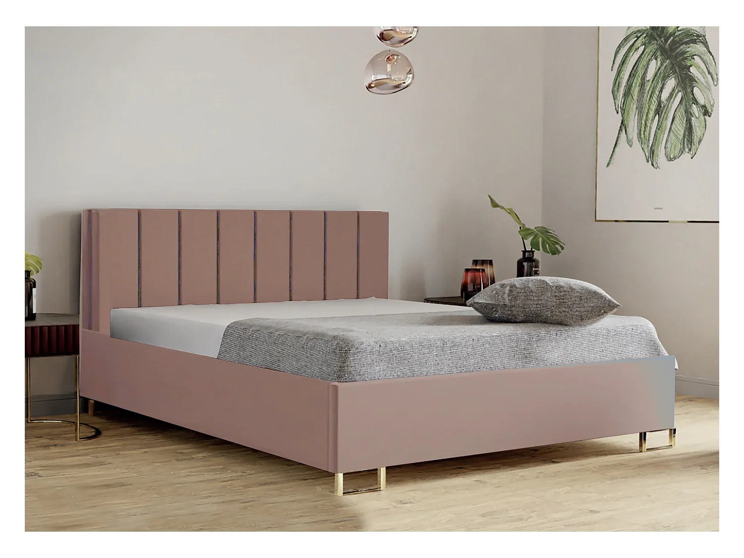 Lit MALIBU, tête de lit rembourrée, revêtement MONOLITH haut de gamme, coffre avec vérins à gaz, hauteur confort 39 cm, 120x200 cm, Rose poudré